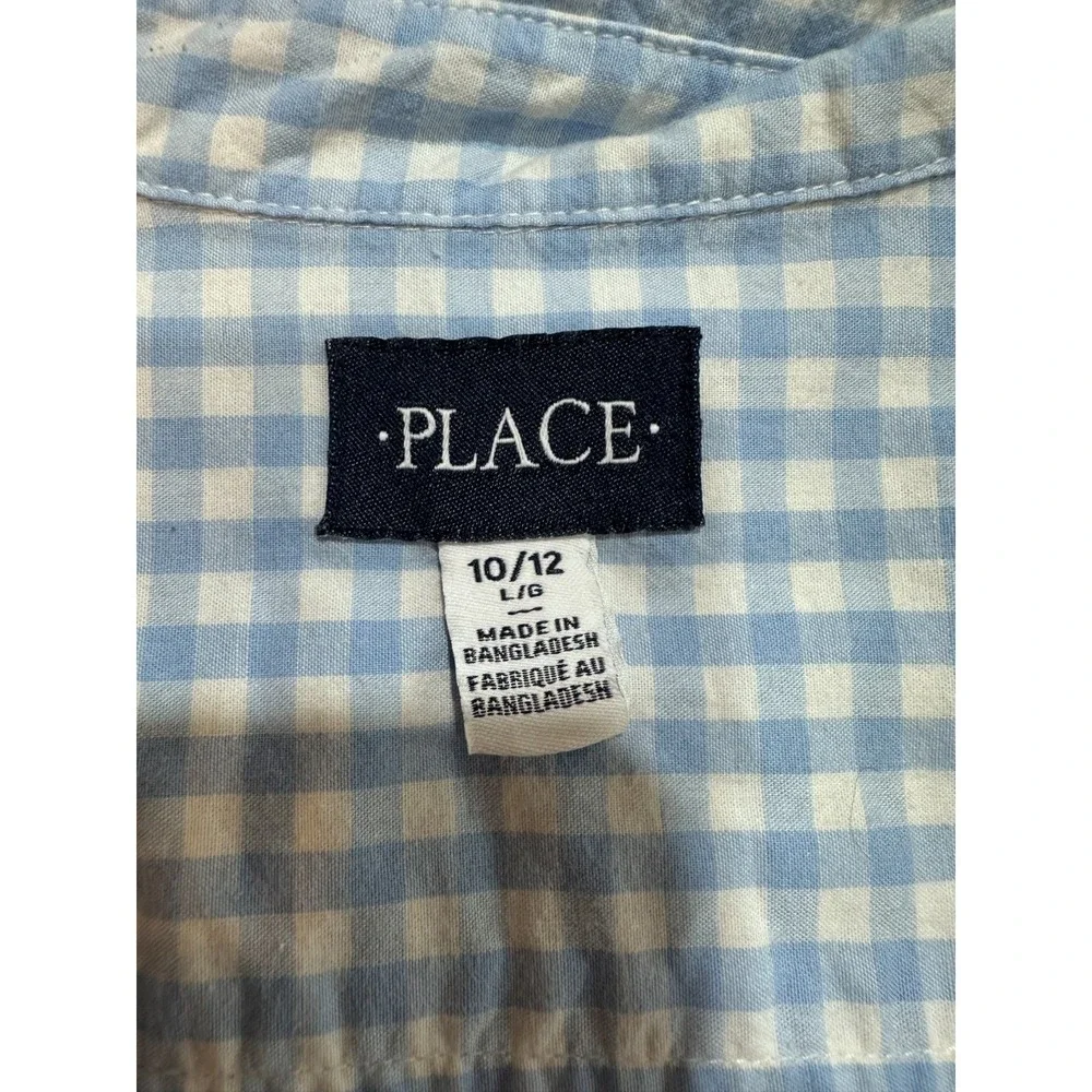 The Childrens Place Boys Light Blue Checkered Button Down Shirt Size L 10 12 EUC